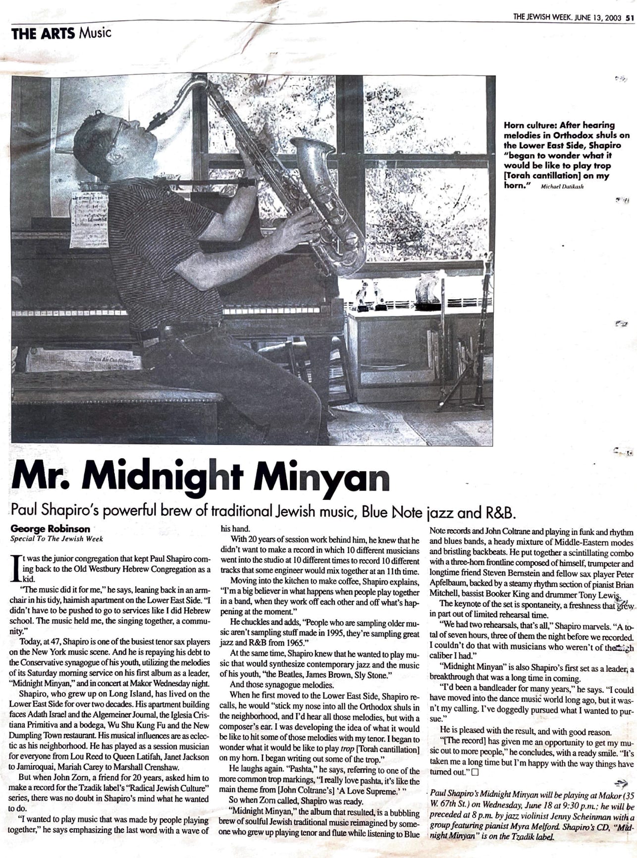 Paul shapiro Mr. Midnight Minyan in The Jewish Week