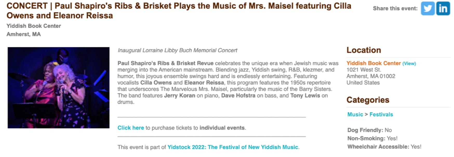 Paul Shapiro's Ribs & Brisket Plays the Music of Mrs. Maisel at The Yiddish Book Center.